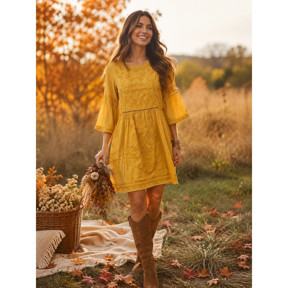 Anthropologie Akemi + Kin Boho Embroidered Mustard Yellow Dress Festival Sz M